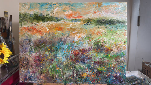 Original Oil Painting 18x24” Wildflower Landscape at Sunset – Floral Meadow and Forest Wall Art