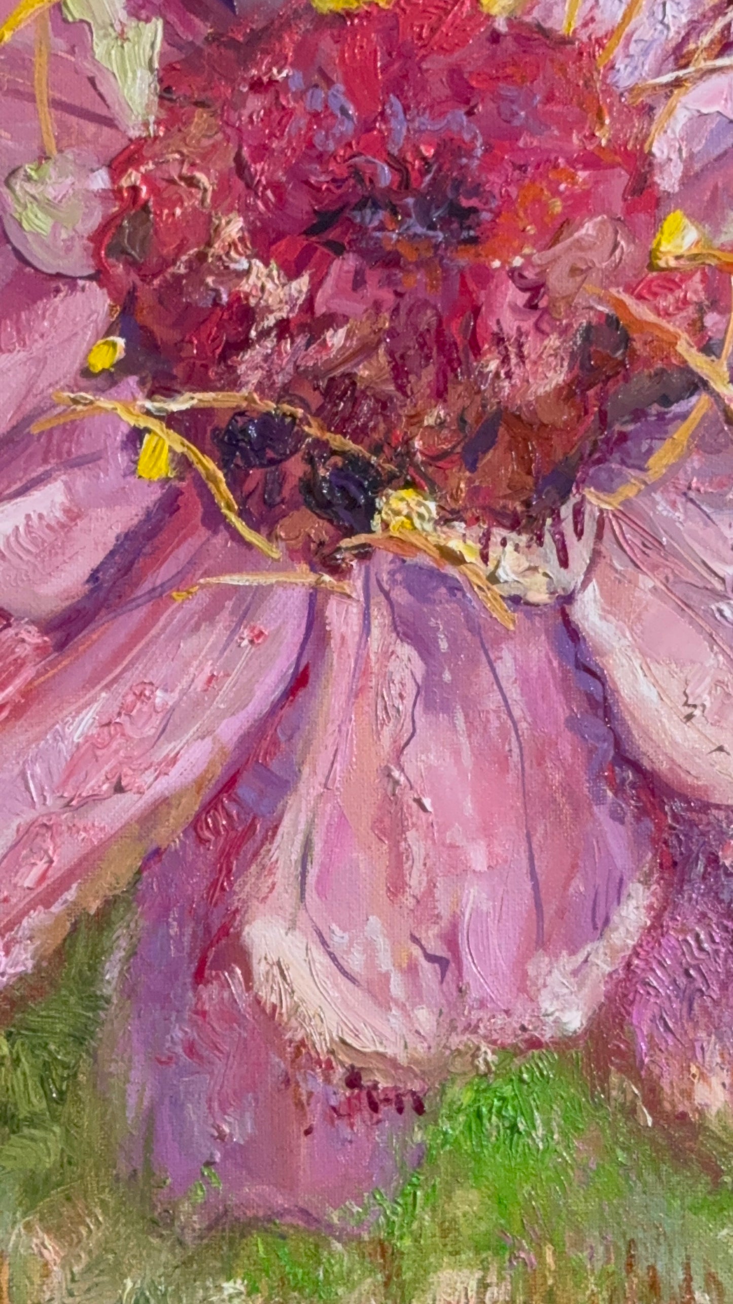 Pink Zinnia Oil Painting 20x20", Original Art Floral Wall Art, Large Flower Botanical Artwork