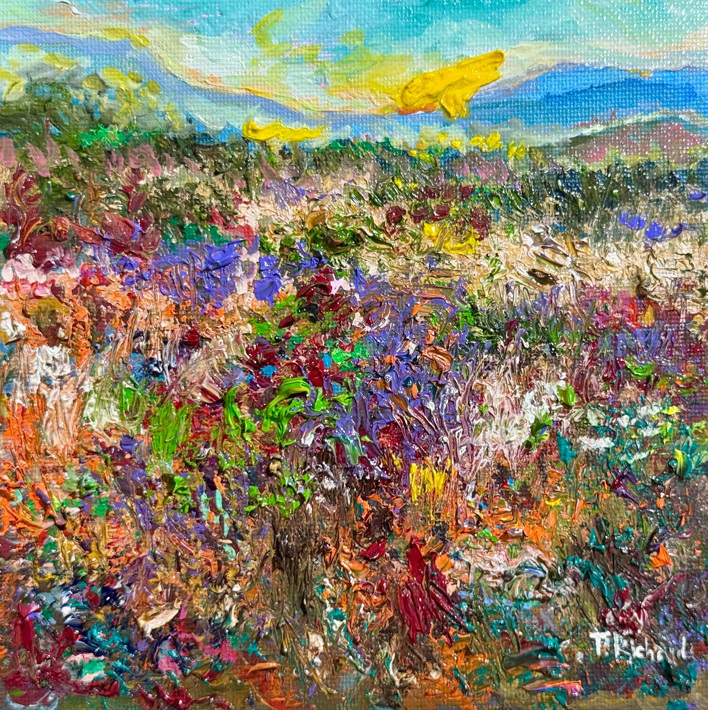 Sunrise Oil Painting 6x6, Original Wildflower Field Panel, Blue Mountain Landscape Art, Moody Sky Wall Decor, Small Nature Gift
