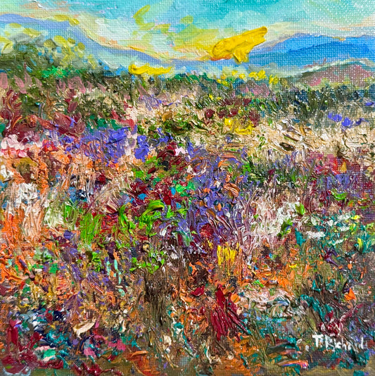 Sunrise Oil Painting 6x6, Original Wildflower Field Panel, Blue Mountain Landscape Art, Moody Sky Wall Decor, Small Nature Gift