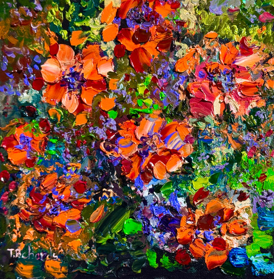 Marigold Oil Painting 8x8, Original Floral Art Panel, Bold Impasto Flowers, Garden Wall Decor, Cottagecore Gardener Gift