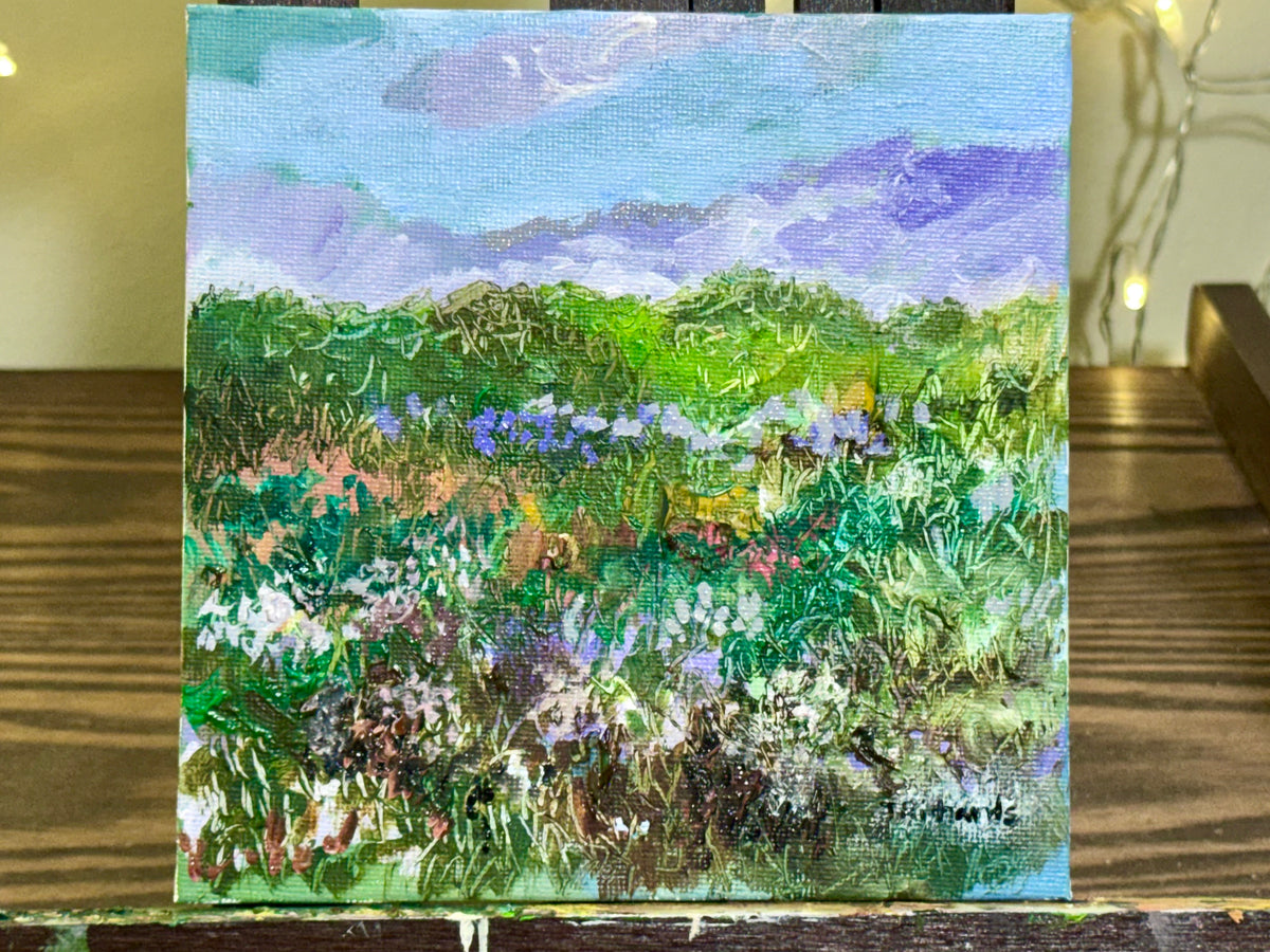 Meadow Oil Painting 6x6", Original Art Landscape, Mountain Field Artwork