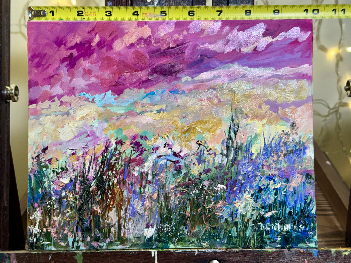 Purple Sunset Wildflower Field, 8x10" Original Art Oil Painting, Landscape Meadow