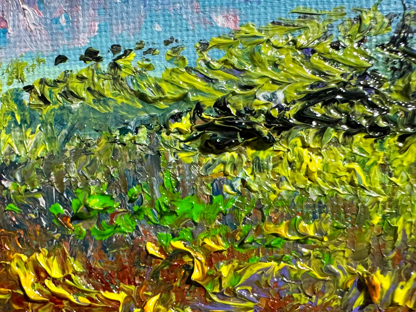 Starry Night Oil Painting, Original Art 6x6, Landscape Field Wildflower Sky Moon, Floral Sunset Wall Decor