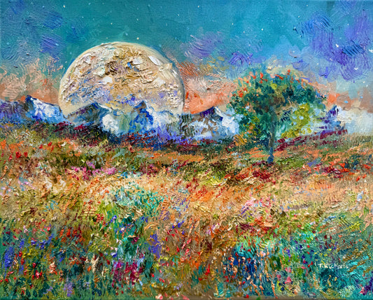 Original Oil Painting 16x20" – Windflower Field Landscape – Mountain Forest and Big Moon – Floral Nature Wall Art on Canvas