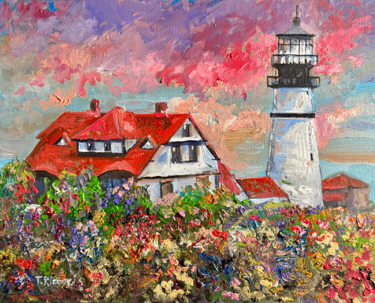 Portland Head Light Oil Painting 8x10, Original Maine Lighthouse Art, Coastal Ocean Landscape, Nautical Wall Decor Seascape Beach Artwork