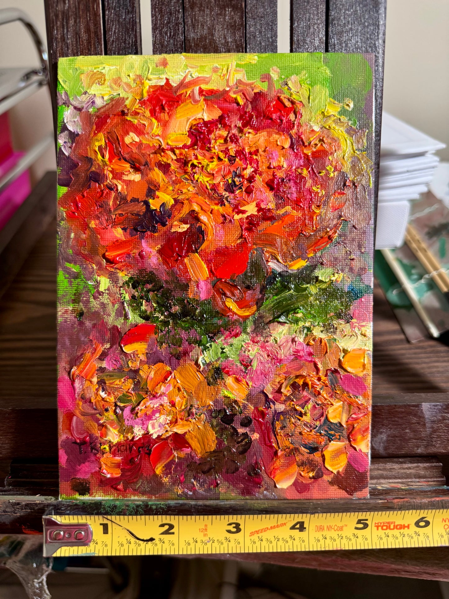 Red Marigolds Oil Painting 5x7, Original Art Floral Still Life on Panel, Red Flower Wall Art, Small Artwork Botanical Oil Decor