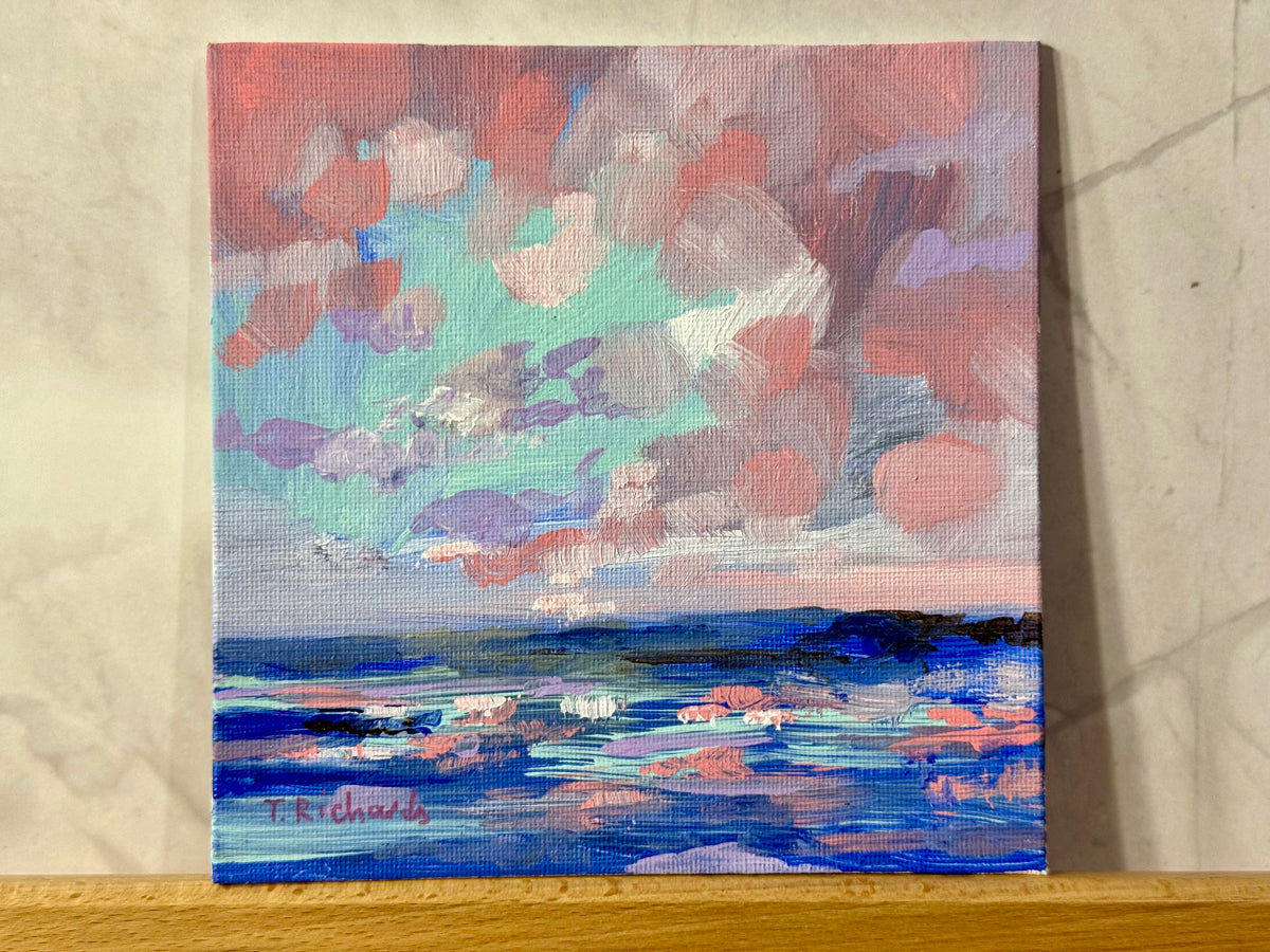 Ocean Acrylic Painting 6x6, Original Seascape Art, Sunset Nature Artwork