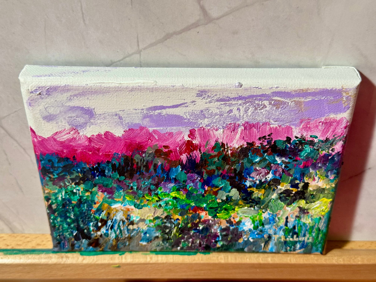 Wildflower Field Landscape Acrylic Painting 5x7", Original Art Meadow Art, Nature Artwork