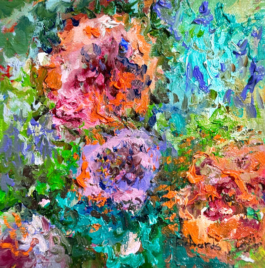 Peony Oil Painting 6x6, Original Floral Wall Art Small Botanical Still Life, Flower Peonies, Oil on Canvas Panel