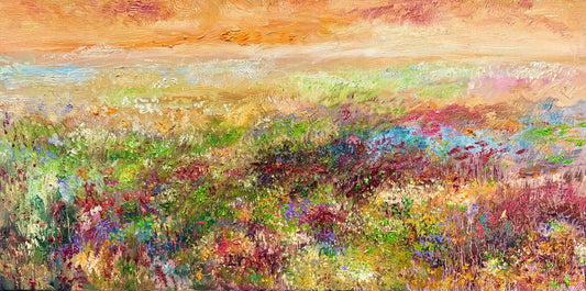 Wildflower Landscape Oil Painting Original Art 15x30” – Meadow Wall Art on Canvas – Earthy Nature Scene