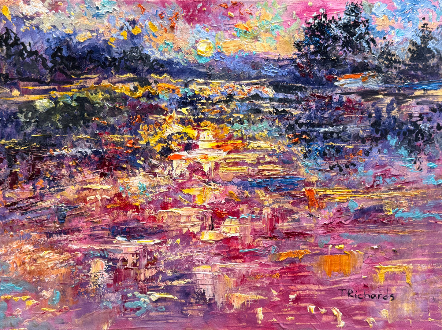 Red Sunset Original Art Oil Painting 12x16, Lake Seascape, Pine Tree Landscape Reflection Artwork