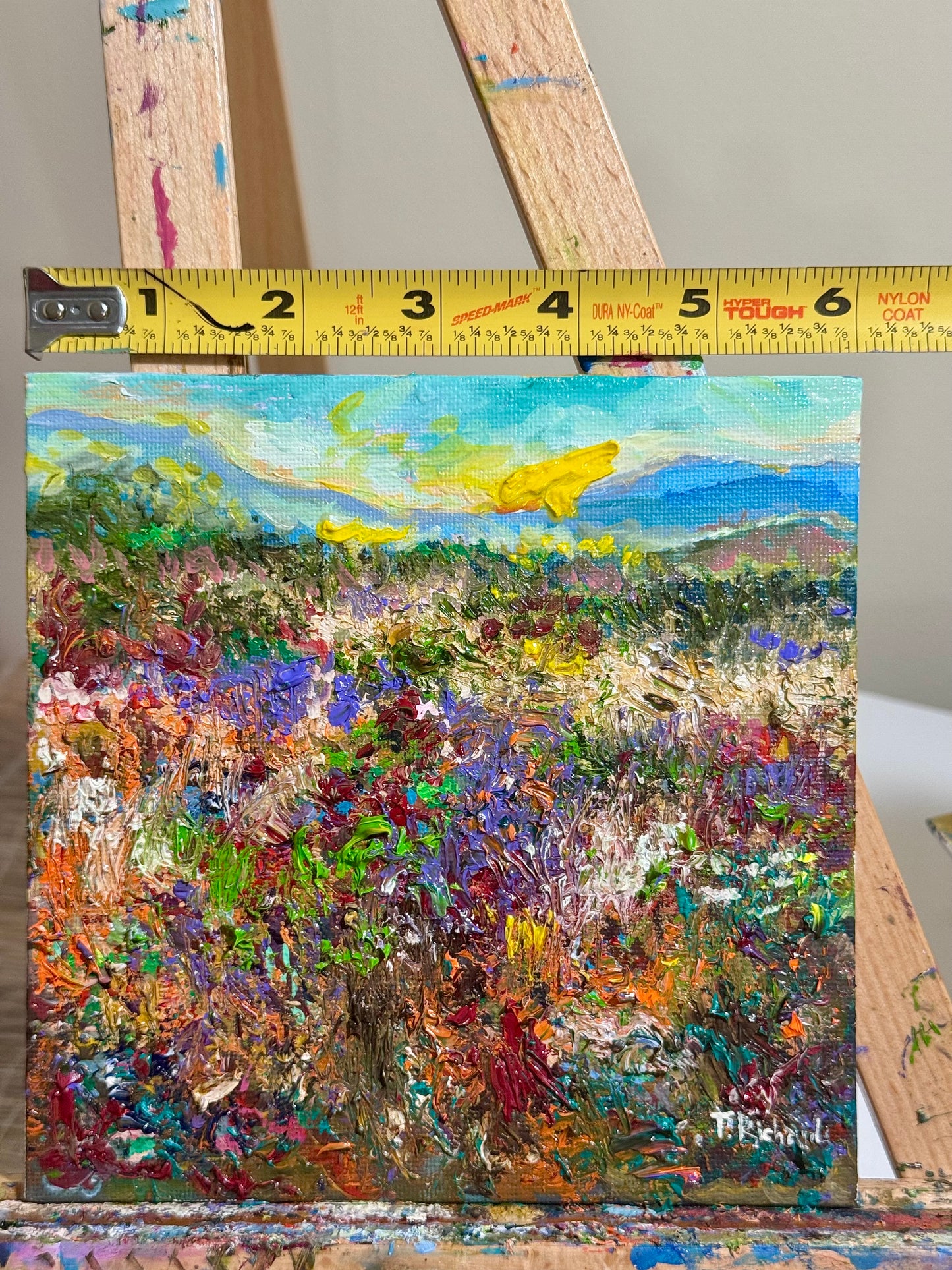 Sunrise Oil Painting 6x6, Original Wildflower Field Panel, Blue Mountain Landscape Art, Moody Sky Wall Decor, Small Nature Gift