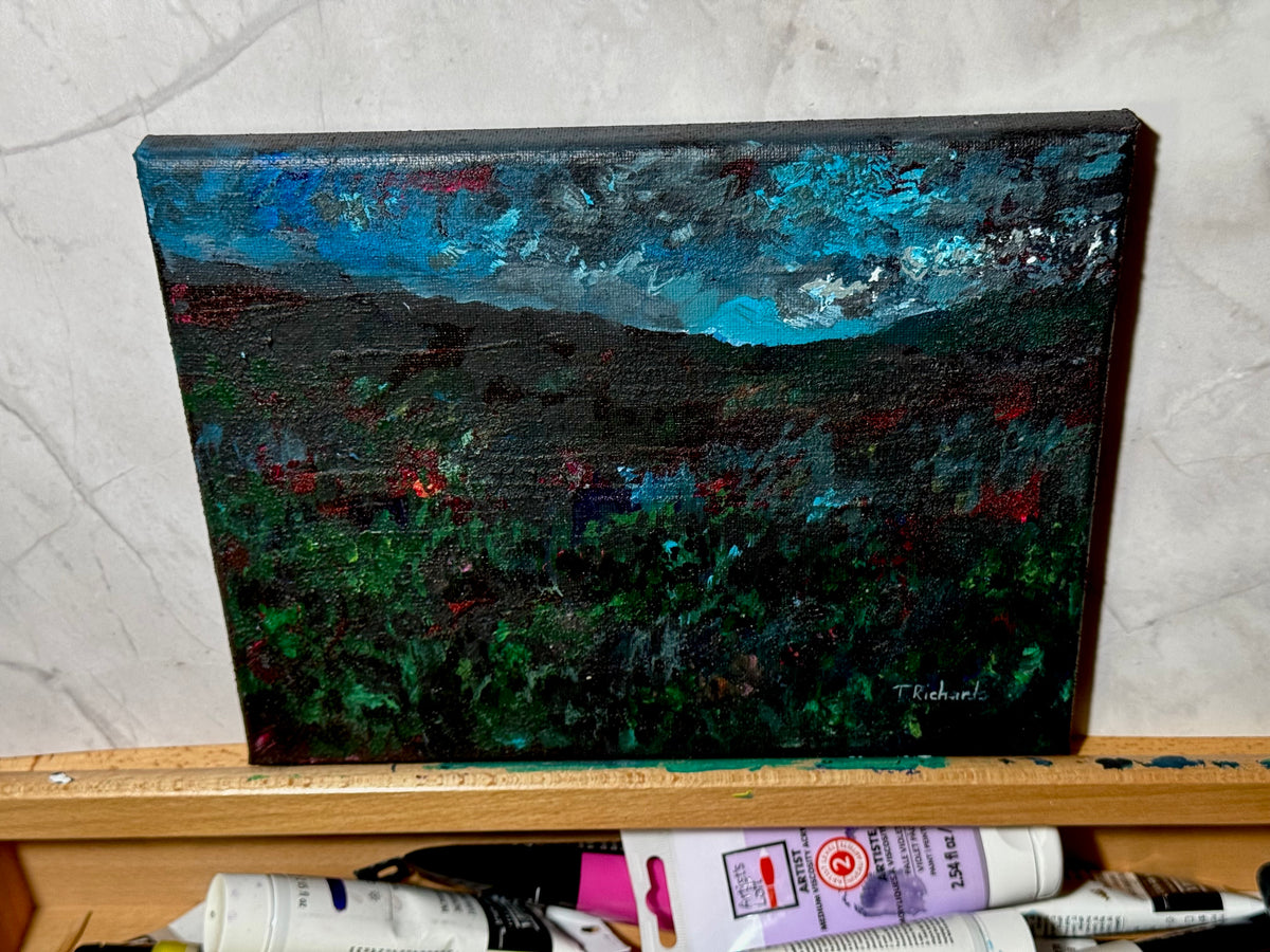 Blue Hour Acrylic Painting 8x10", Original Art Wildflower Night Field Landscape