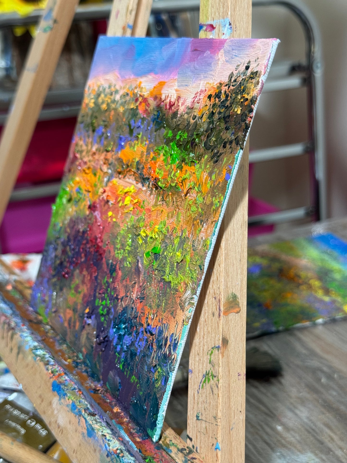 Sunset Forest Oil Painting, Original Art 6x6, Wildflower Field Landscape Panel, Moody Sky Wall Art, Small Nature Gift