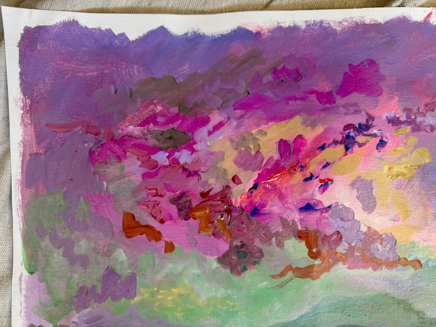 Red Sunset Landscape Acrylic Painting, Original art, Mountains and Fields, Extra Large Unstretched Canvas, Handmade Wall Art, Nature Scene