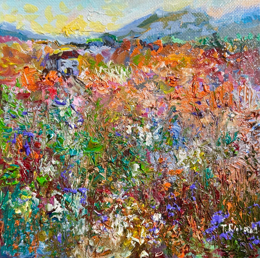 Sunrise Oil Painting 6x6, Original Art Wildflower Prairie Field, House Landscape, Moody Sky, Mountain Countryside Floral on Panel
