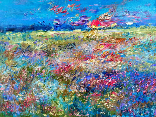Oil painting ORIGINAL art 12x16” Windflower field Landscape Floral Flowers Blue Sunset Sky