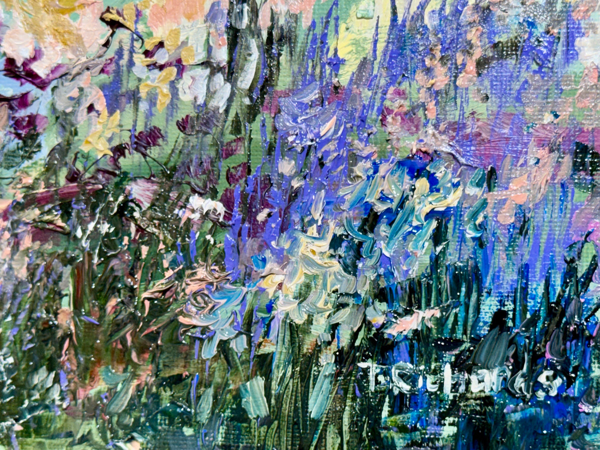Purple Sunset Wildflower Field, 8x10" Original Art Oil Painting, Landscape Meadow