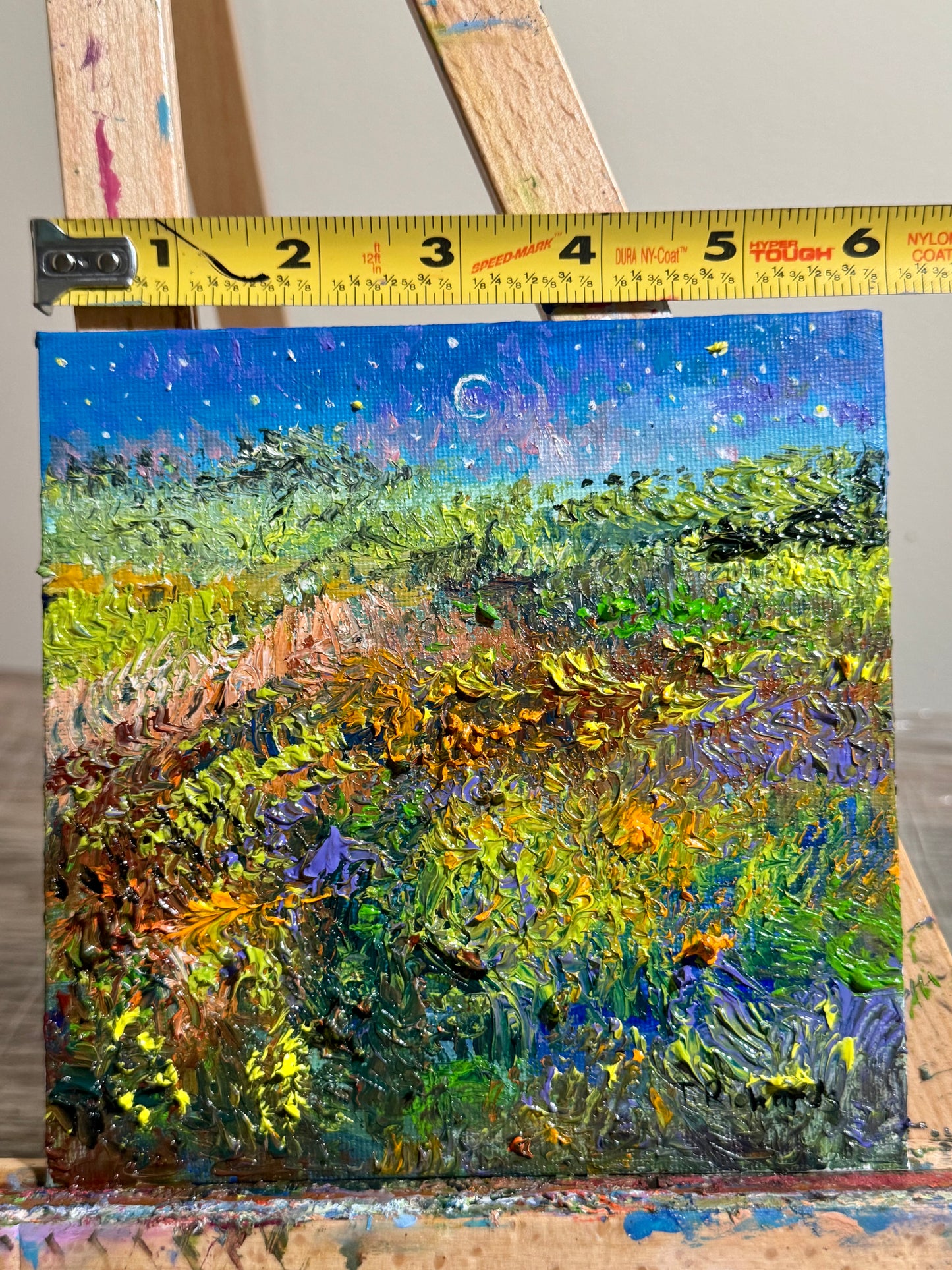 Starry Night Oil Painting, Original Art 6x6, Landscape Field Wildflower Sky Moon, Floral Sunset Wall Decor