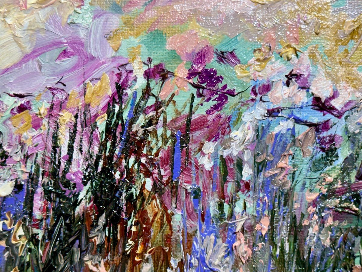 Purple Sunset Wildflower Field, 8x10" Original Art Oil Painting, Landscape Meadow