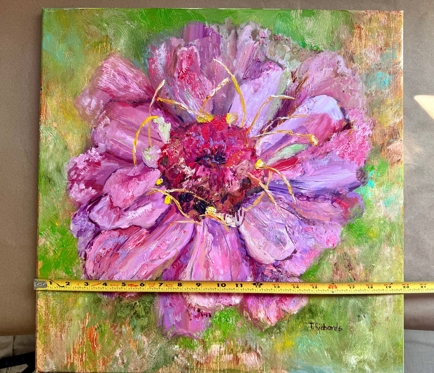 Pink Zinnia Oil Painting 20x20", Original Art Floral Wall Art, Large Flower Botanical Artwork