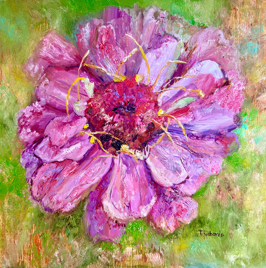 Pink Zinnia Oil Painting 20x20", Original Art Floral Wall Art, Large Flower Botanical Artwork