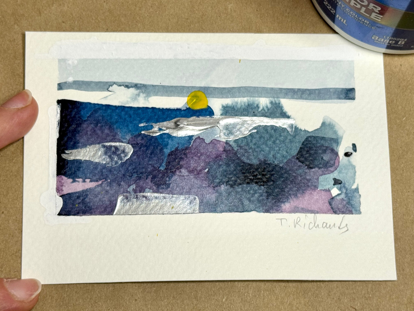 Blue Hour Landscape Painting, Abstract Original Art, Acrylic on Paper, 3.5x5"