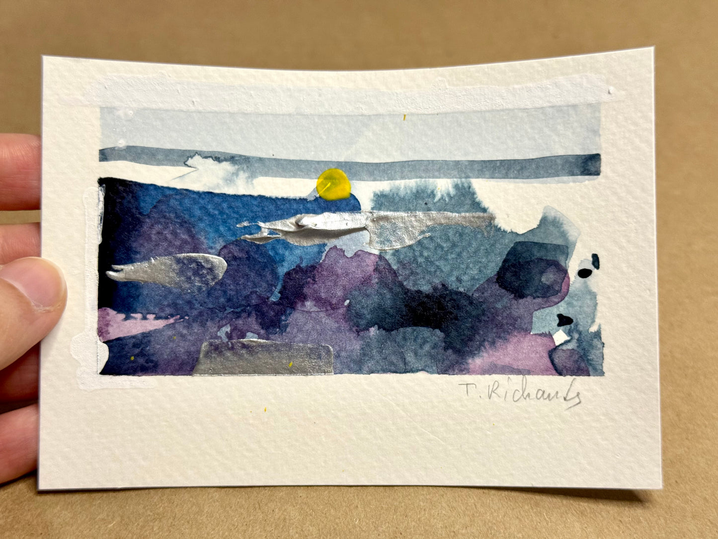 Blue Hour Landscape Painting, Abstract Original Art, Acrylic on Paper, 3.5x5"