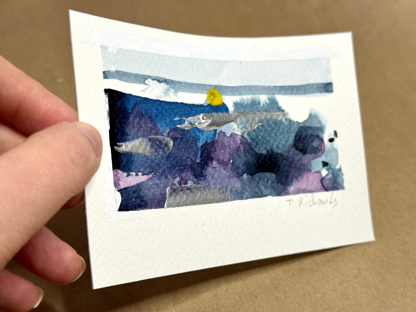 Blue Hour Landscape Painting, Abstract Original Art, Acrylic on Paper, 3.5x5"
