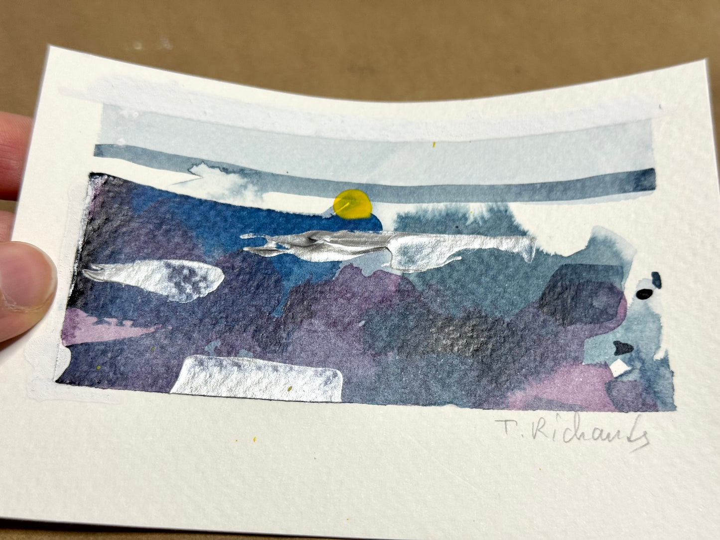 Blue Hour Landscape Painting, Abstract Original Art, Acrylic on Paper, 3.5x5"