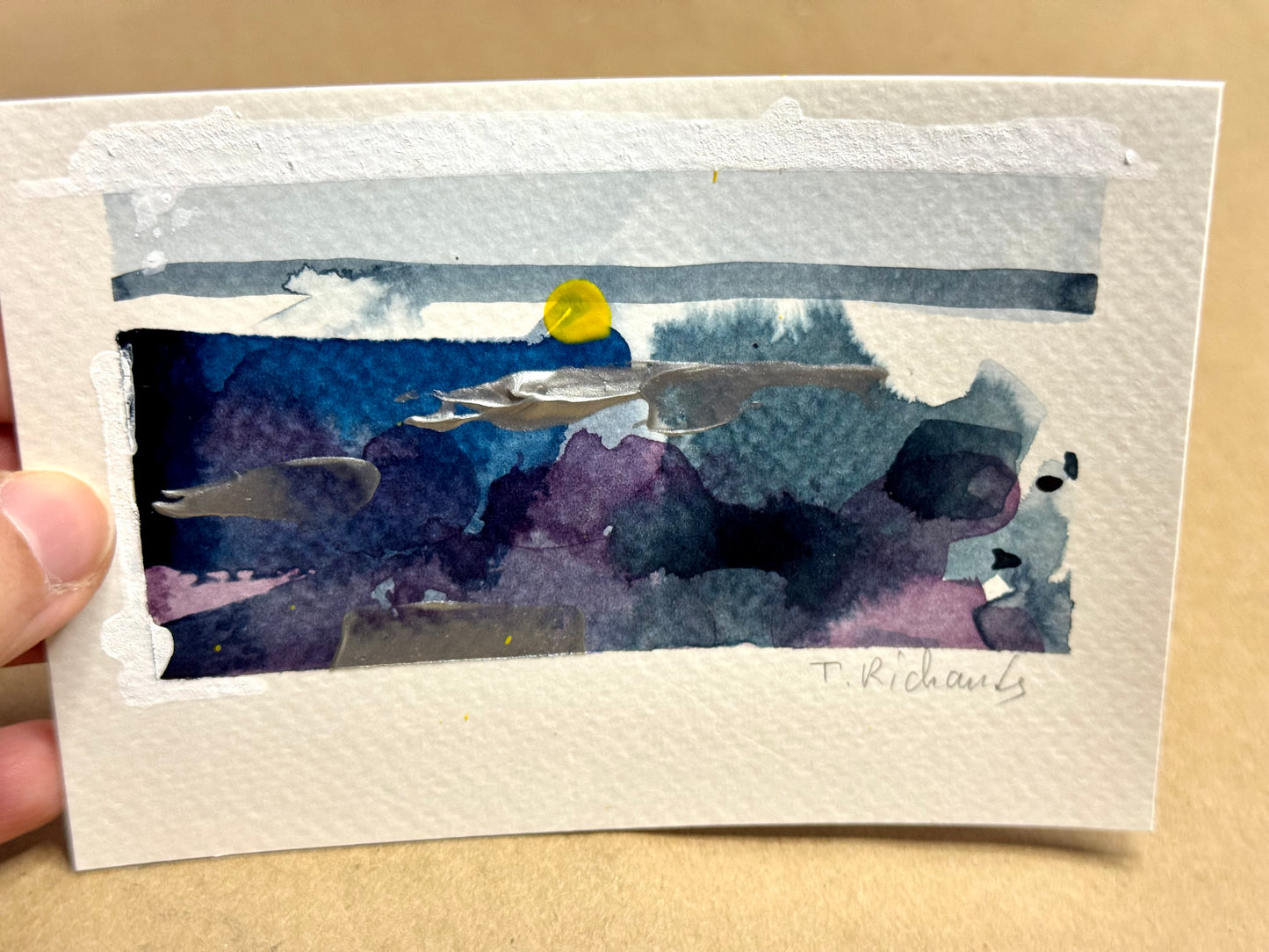 Blue Hour Landscape Painting, Abstract Original Art, Acrylic on Paper, 3.5x5"