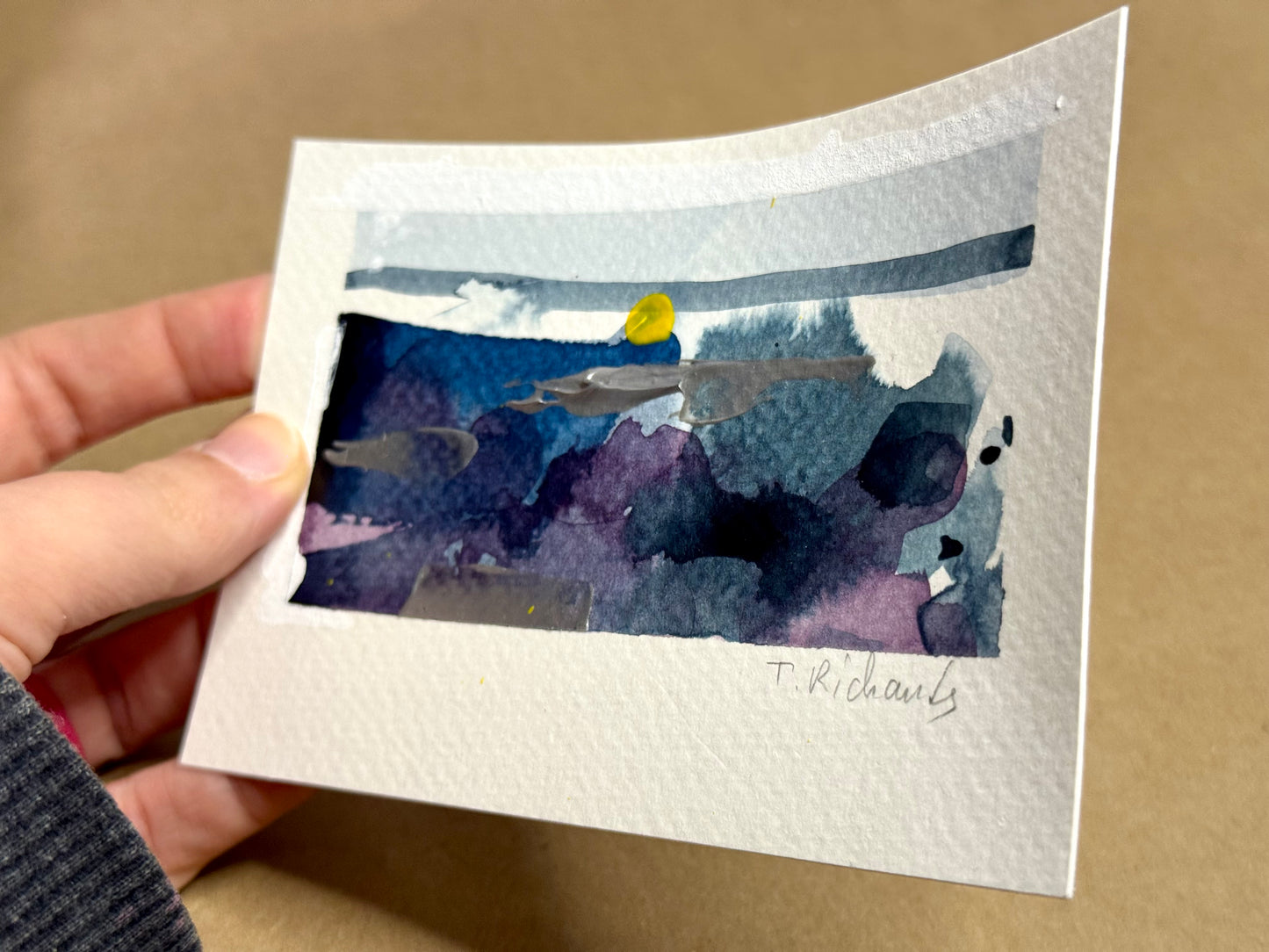 Blue Hour Landscape Painting, Abstract Original Art, Acrylic on Paper, 3.5x5"