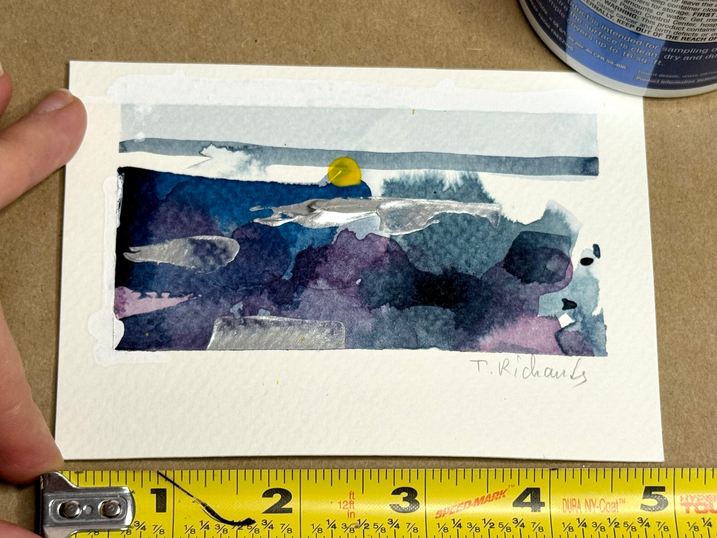 Blue Hour Landscape Painting, Abstract Original Art, Acrylic on Paper, 3.5x5"