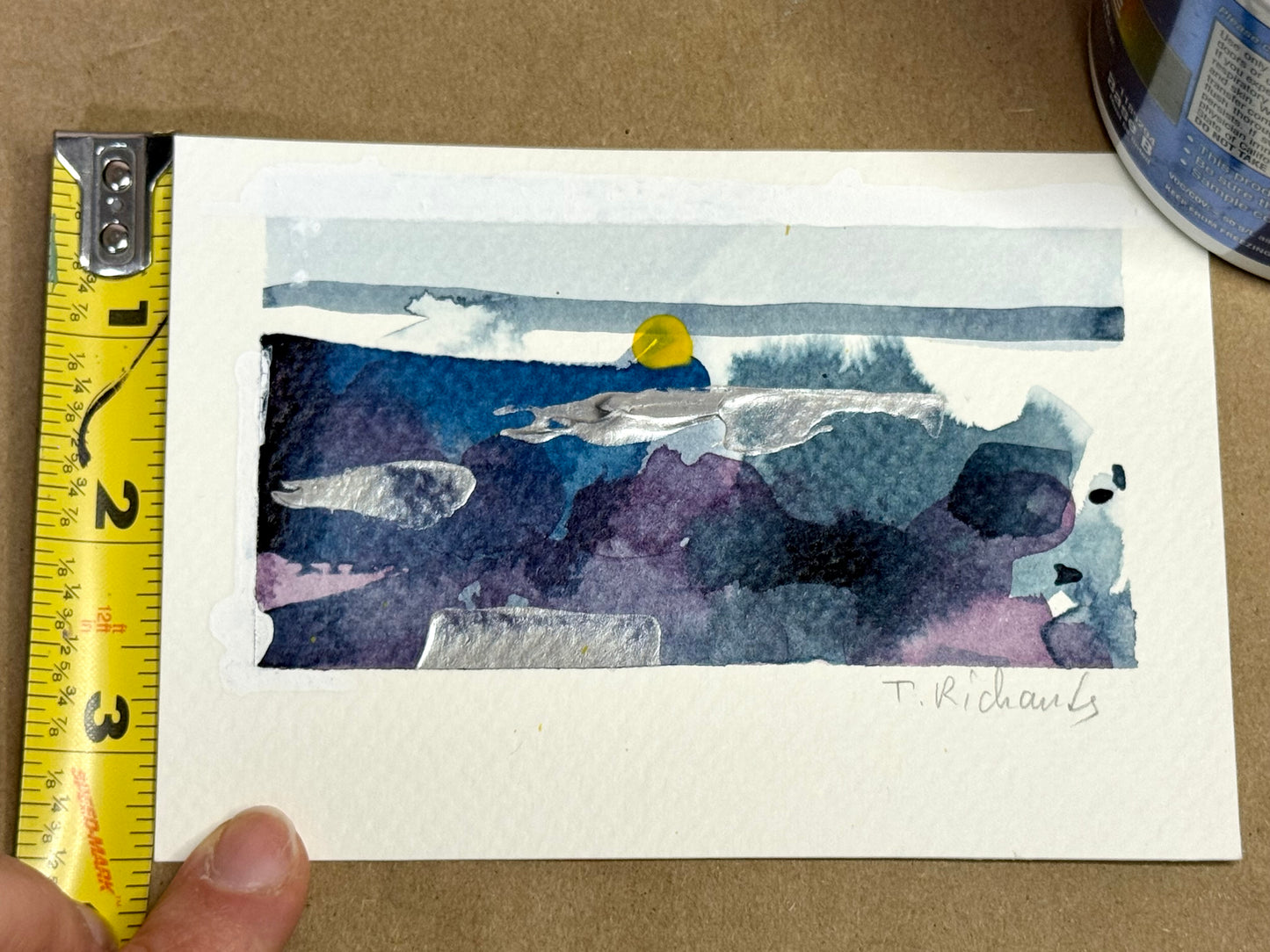 Blue Hour Landscape Painting, Abstract Original Art, Acrylic on Paper, 3.5x5"