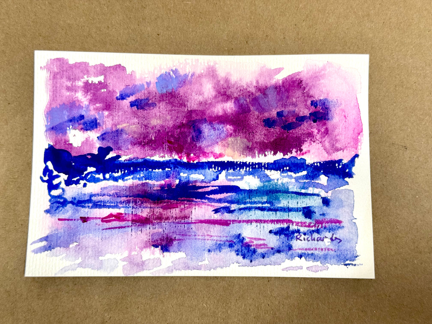 Purple Seascape Original Art, Ocean Painting, Abstract Artwork, Gouache on Paper 4x6"