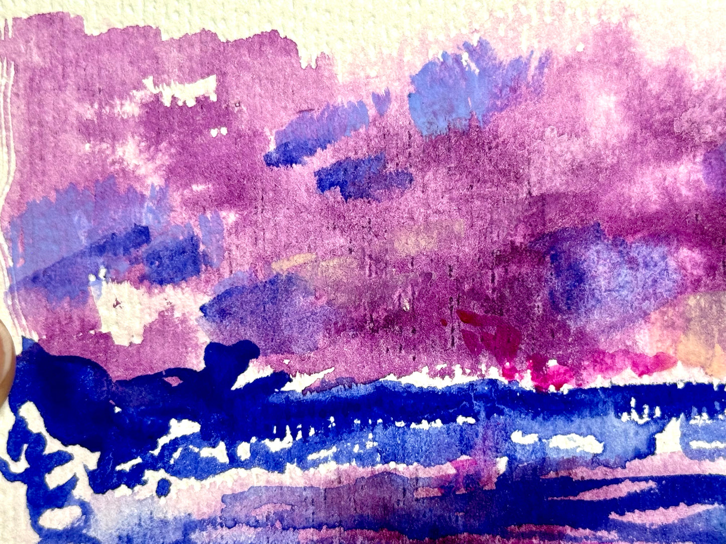 Purple Seascape Original Art, Ocean Painting, Abstract Artwork, Gouache on Paper 4x6"