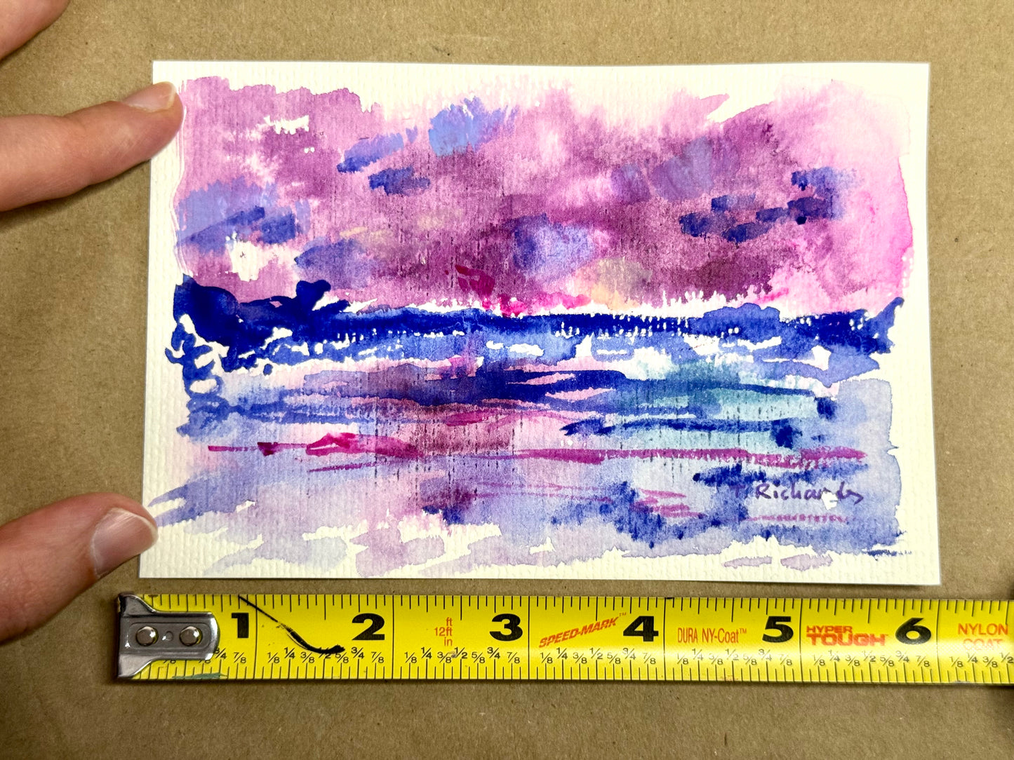 Purple Seascape Original Art, Ocean Painting, Abstract Artwork, Gouache on Paper 4x6"