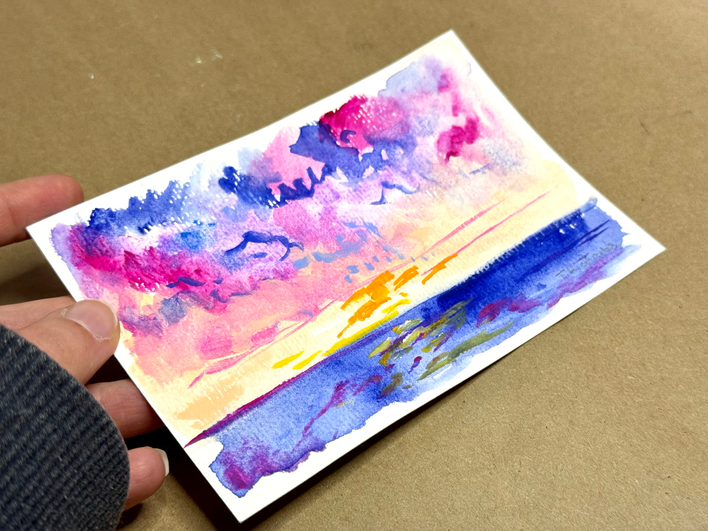 Ocean Sunrise Original Art, Seascape Painting, Abstract Artwork, Coastal Wall Art, Gouache on Paper 4x6"