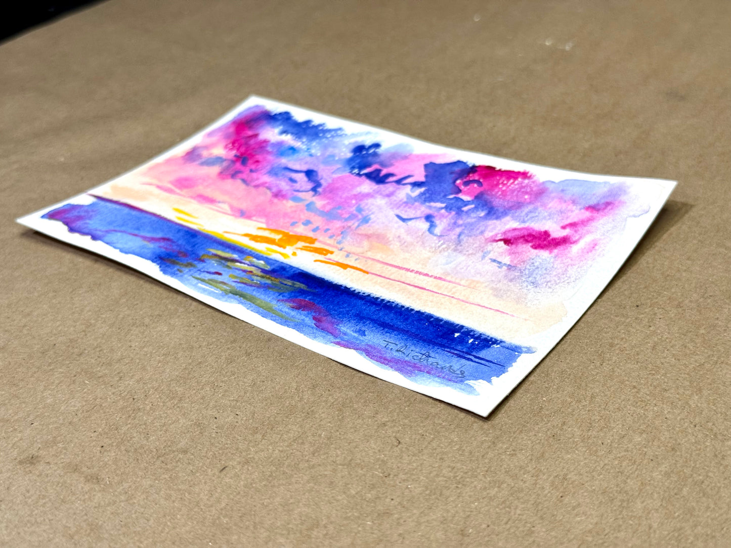 Ocean Sunrise Original Art, Seascape Painting, Abstract Artwork, Coastal Wall Art, Gouache on Paper 4x6"