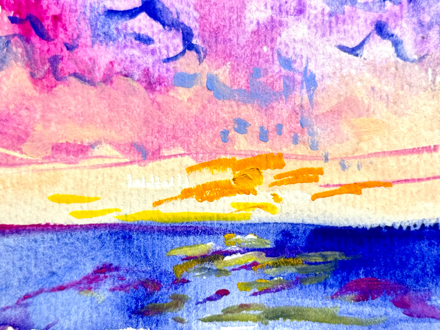 Ocean Sunrise Original Art, Seascape Painting, Abstract Artwork, Coastal Wall Art, Gouache on Paper 4x6"