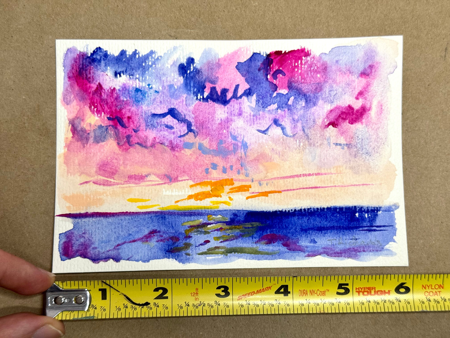 Ocean Sunrise Original Art, Seascape Painting, Abstract Artwork, Coastal Wall Art, Gouache on Paper 4x6"