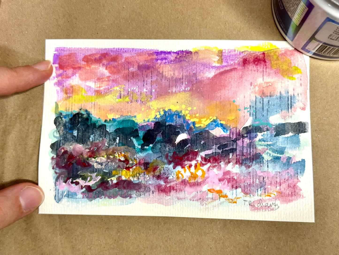 Sunset Seascape Painting, Mountain Original Art, Ocean Artwork, Abstract Landscape 4x6"