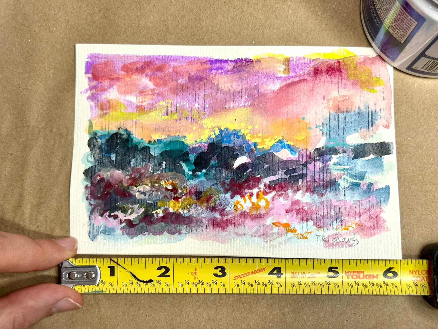 Sunset Seascape Painting, Mountain Original Art, Ocean Artwork, Abstract Landscape 4x6"