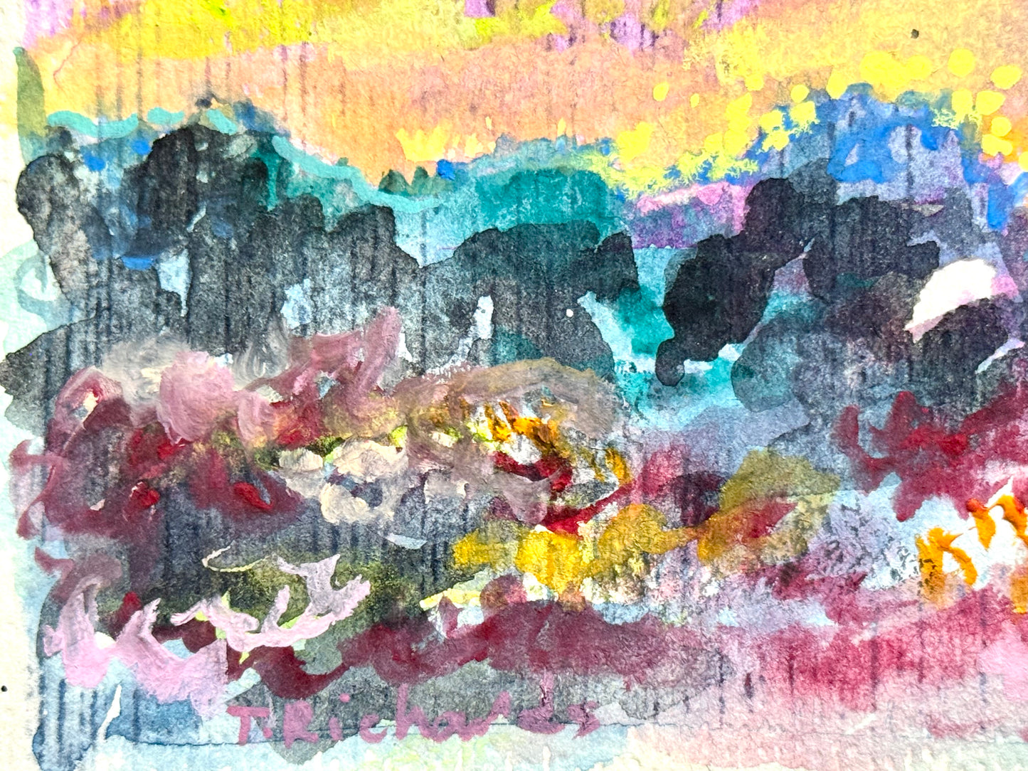 Sunset Seascape Painting, Mountain Original Art, Ocean Artwork, Abstract Landscape 4x6"