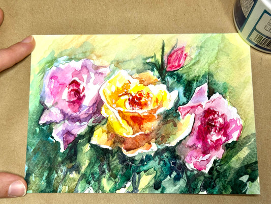 Roses Watercolor Painting, Original Art, Flower Botanical Artwork, Floral 5x7