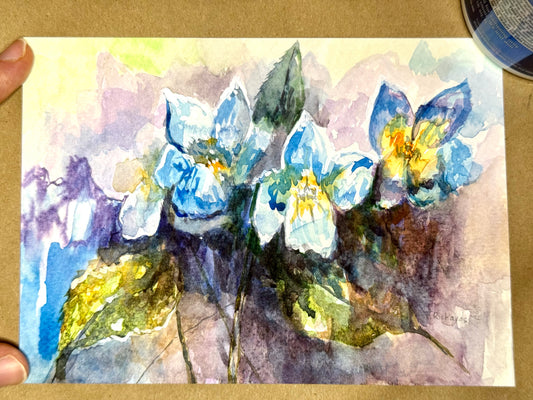 Hydrangea Watercolor Painting, Original Art, Flower Botanical Artwork, Floral 5x7, Blue Yellow Bloom