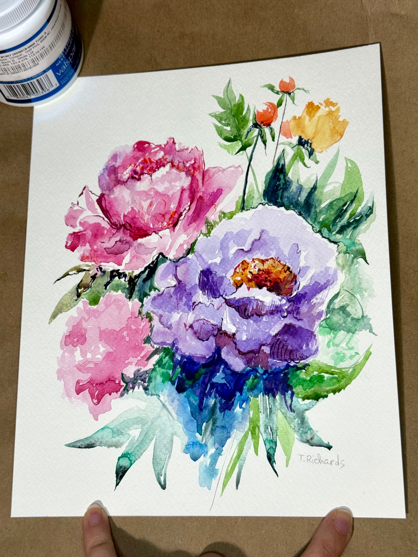 Pink and Purple Peonies Watercolor Painting, Original Floral Art, Peony Flower 8x10"