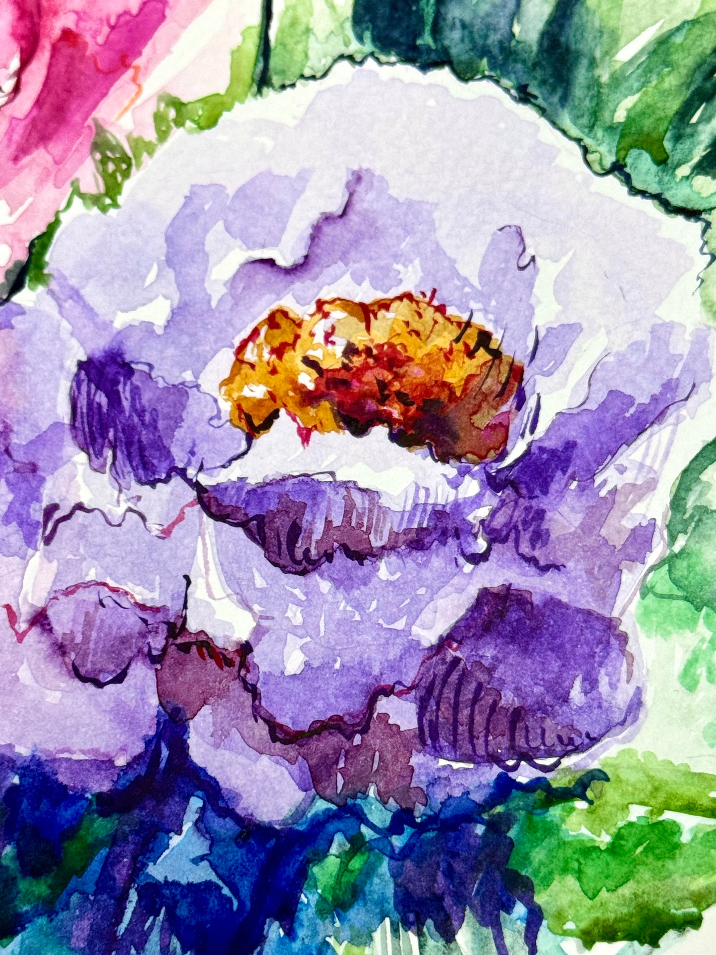 Pink and Purple Peonies Watercolor Painting, Original Floral Art, Peony Flower 8x10"
