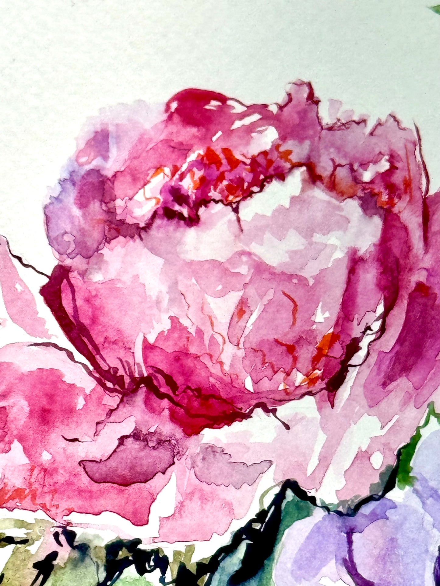 Pink and Purple Peonies Watercolor Painting, Original Floral Art, Peony Flower 8x10"